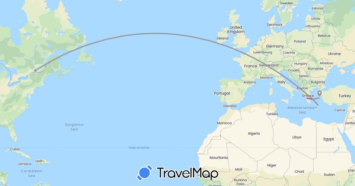 TravelMap itinerary: driving, plane, train in Canada, Greece (Europe, North America)
